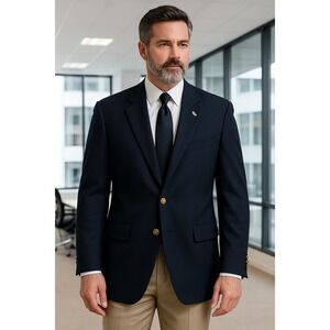 Bert Pulitzer Navy Blazer 42L Gold Crest Button Wool Blend Sport Coat Preppy Vtg